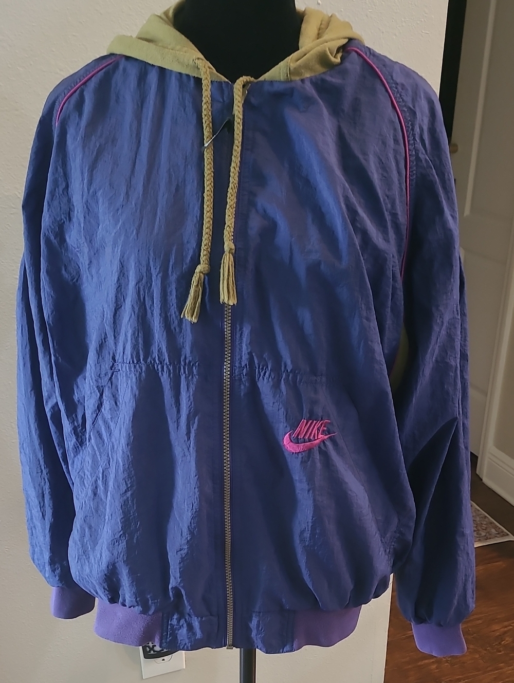 Nike Women's Purple Bomber Jacket with Olive Hood and Pink Logo Y2k Vintage L
